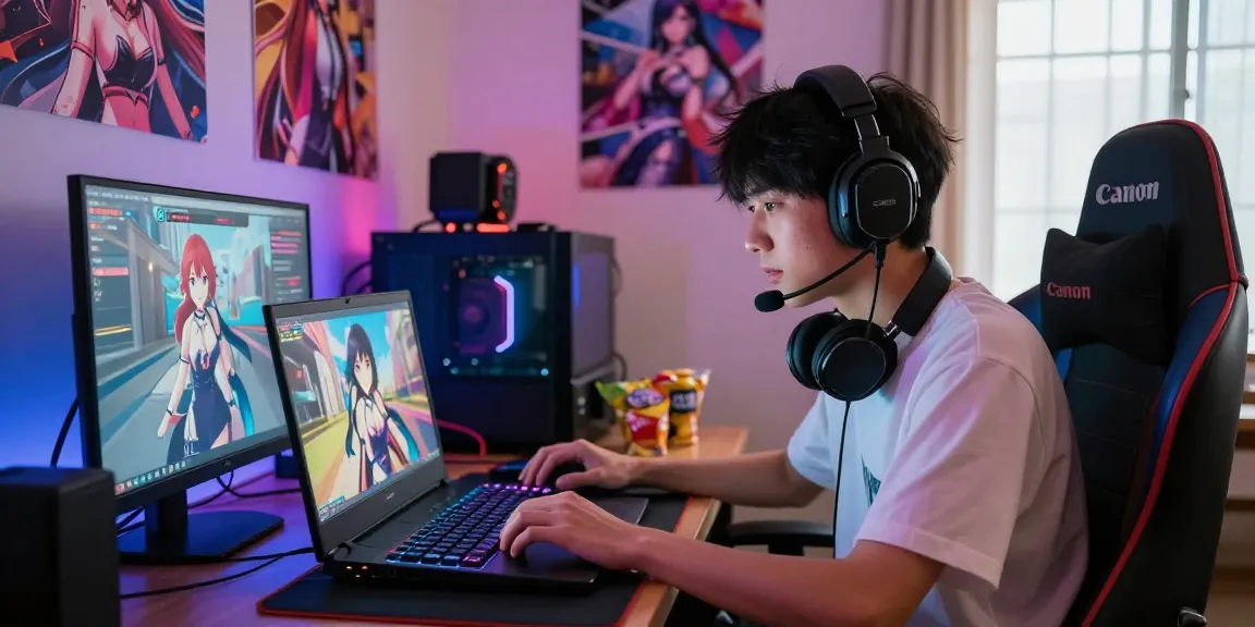 Engaging gaming scene showcasing a player enjoying ecchi games with vibrant setup and character posters.