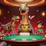 Engage with the lc88 app featuring a whimsical 3D scene of a poker game hosted by a towering brontosaurus and clever raptor.