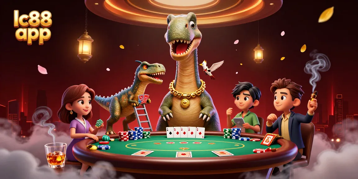 Engage with the lc88 app featuring a whimsical 3D scene of a poker game hosted by a towering brontosaurus and clever raptor.