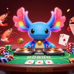 Engage with fb88's vibrant casino scene showcasing an axolotl DJ spinning poker games and lively shrimp dancers.