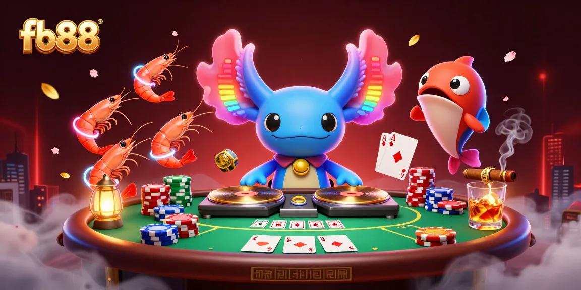 Engage with fb88's vibrant casino scene showcasing an axolotl DJ spinning poker games and lively shrimp dancers.