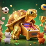 Bet on thrilling games at okvip sc88, illustrated with a massive golden tortoise pinball machine and dynamic sports elements.