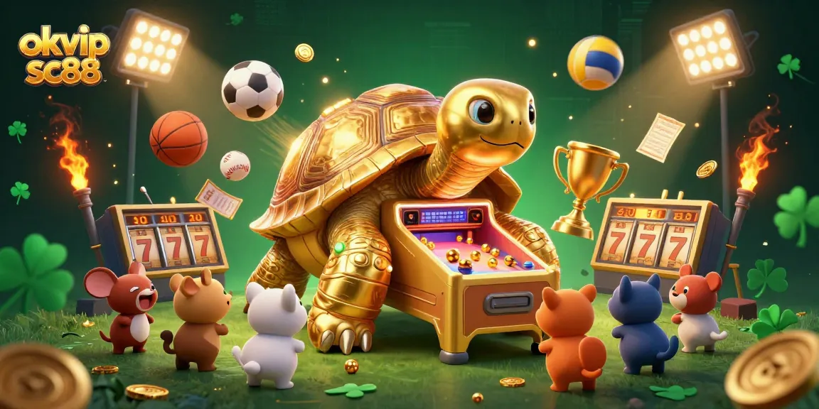 Bet on thrilling games at okvip sc88, illustrated with a massive golden tortoise pinball machine and dynamic sports elements.