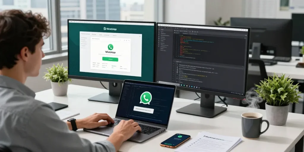 Engaged user utilizing WhatsApp網頁版 on dual monitors in a modern workspace