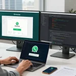 Engaged user utilizing WhatsApp網頁版 on dual monitors in a modern workspace