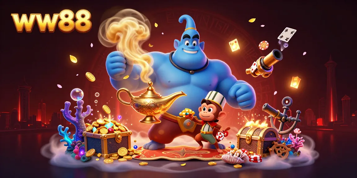 Win big at ww88 with thrilling 3D casino adventure featuring a genie, monkey, and poker chips.