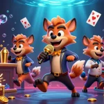 LLWIN showcases a vibrant comedy casino with hyenas, featuring gaming elements and lively atmosphere.