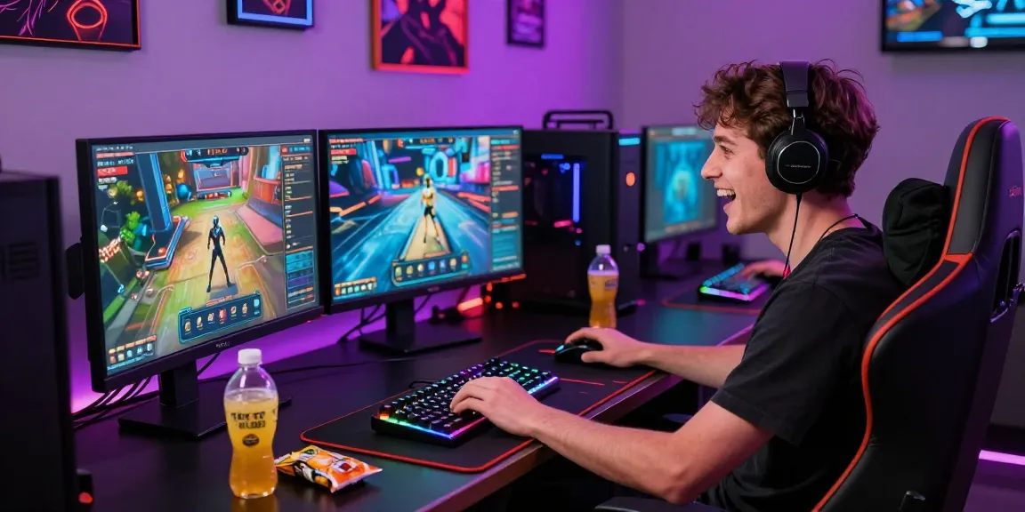 Excited gamer using KO66 online gaming app on multiple screens in a vibrant gaming setup.