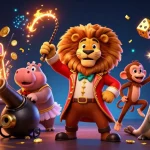 Experience the excitement with Link Dewapoker's vibrant gambling scene featuring slot machines and joyful characters.