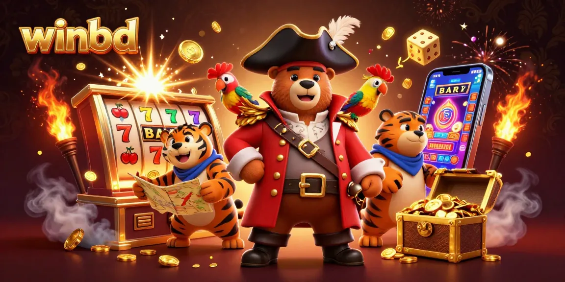 Join the excitement at winbd with a vibrant scene featuring slot games and playful characters in a dynamic casino setting.