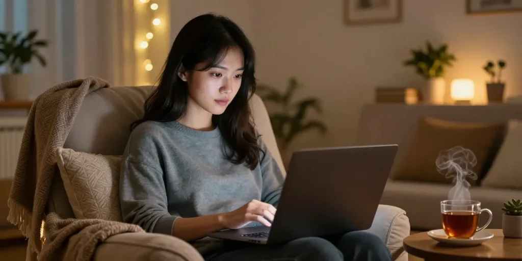 Engaging in nsfw ai chat on a cozy laptop setup with ambient lighting.