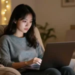 Engaging in nsfw ai chat on a cozy laptop setup with ambient lighting.