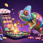 lc88 casino owner chameleon grabs golden coins in a vibrant gaming scene filled with joy.