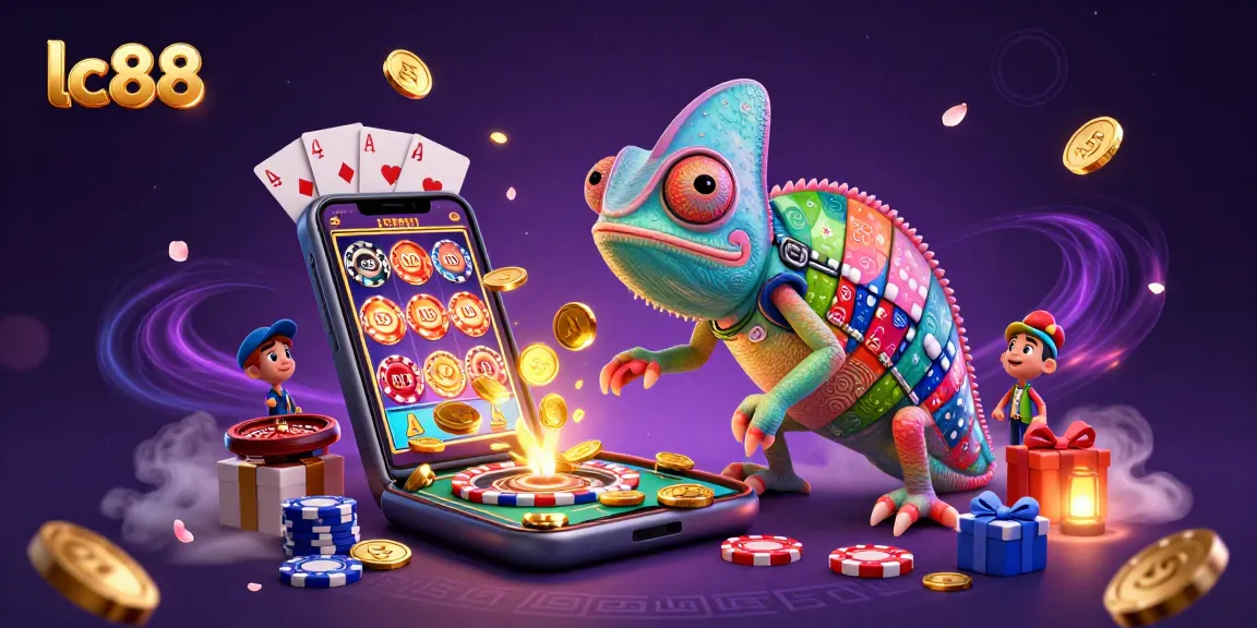 lc88 casino owner chameleon grabs golden coins in a vibrant gaming scene filled with joy.