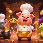 BJ388 showcases an exciting online gambling scene with a chef pig serving gold coins, enhancing the thrill of gaming.