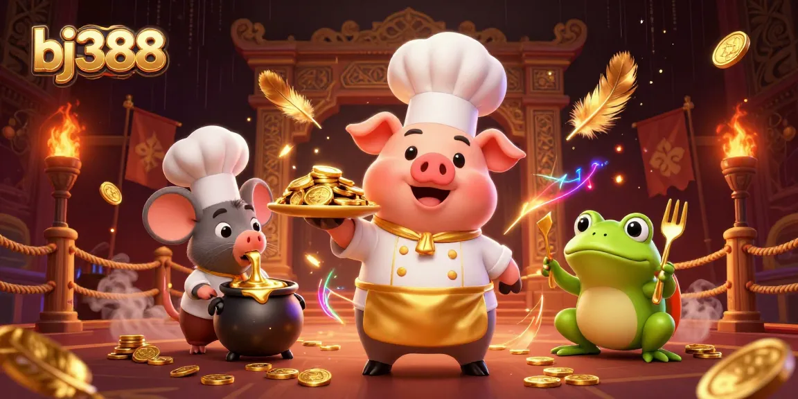 BJ388 showcases an exciting online gambling scene with a chef pig serving gold coins, enhancing the thrill of gaming.