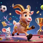 Experience the festive chaos at atas casino with characters in a lively gaming scene filled with sports elements.