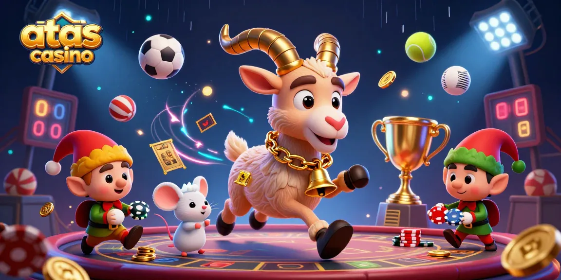 Experience the festive chaos at atas casino with characters in a lively gaming scene filled with sports elements.