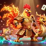 Experience the thrilling world of gambling with 8XBET featuring a powerful rooster warrior and dragon, amidst vibrant casino elements.