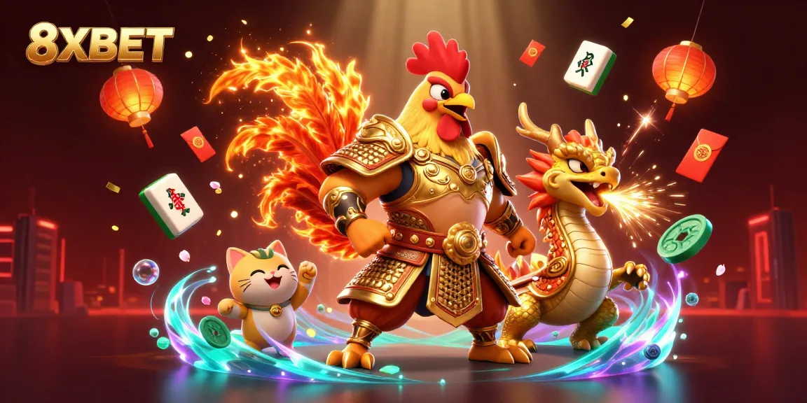 Experience the thrilling world of gambling with 8XBET featuring a powerful rooster warrior and dragon, amidst vibrant casino elements.