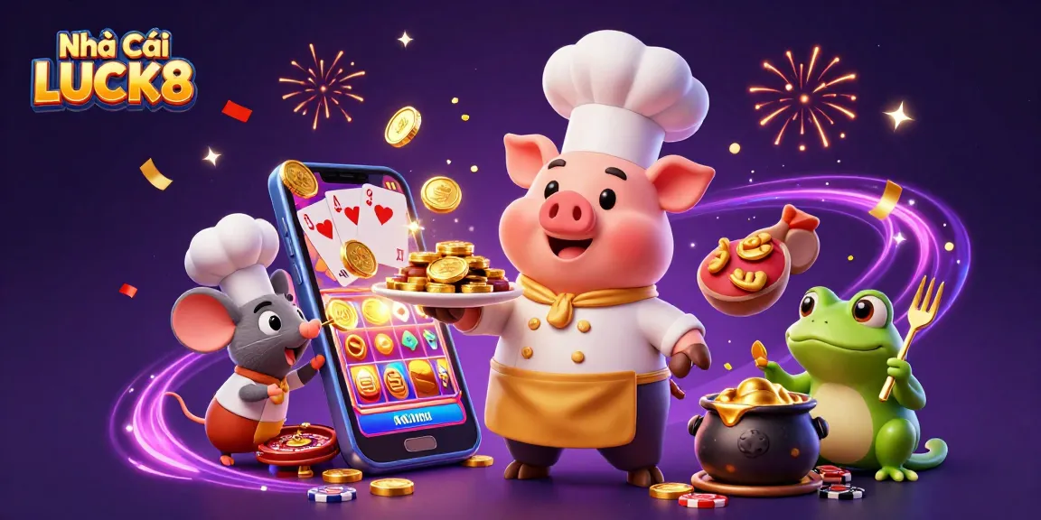 Engage with Nhà Cái LUCK8's vibrant casino scene featuring gourmet gold coins, slot games, and cheerful characters.