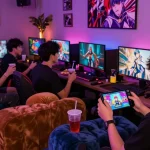 Engaged gamer playing a vibrant hentai game in a lively lounge setting.