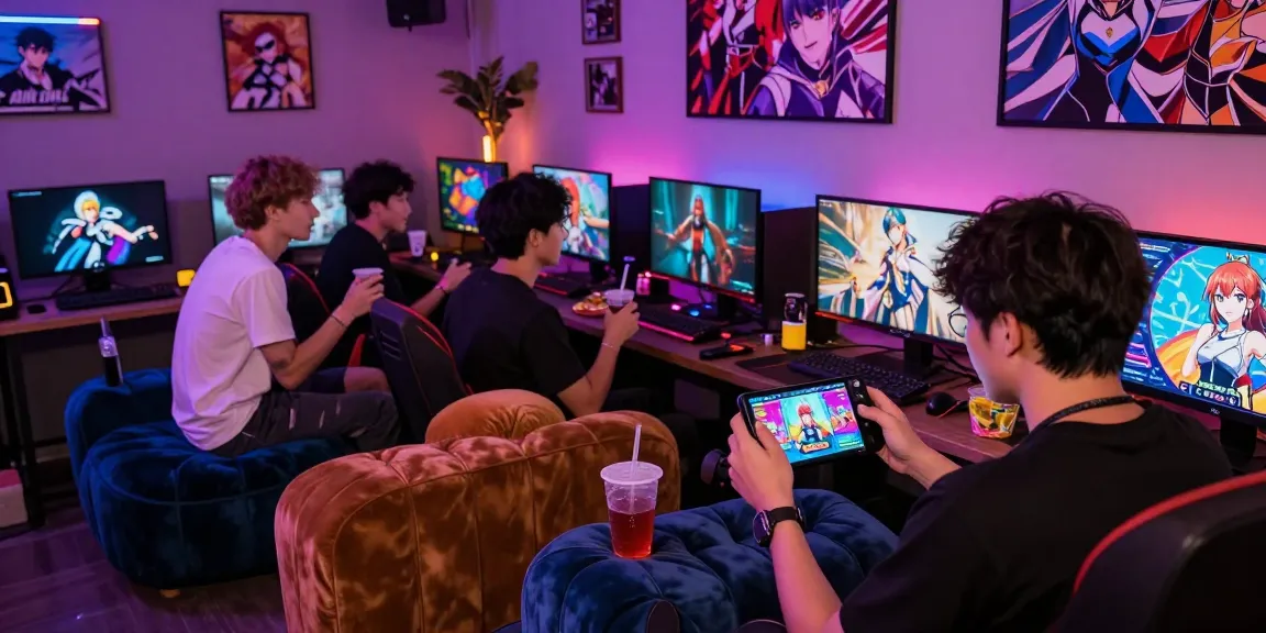 Engaged gamer playing a vibrant hentai game in a lively lounge setting.