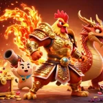 Engage with the dynamic jbo casino scene featuring a fiery rooster warrior and a dragon hatchling in 3D illustration.