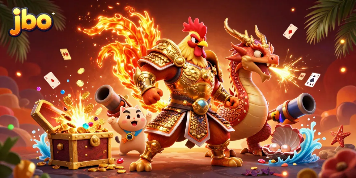 Engage with the dynamic jbo casino scene featuring a fiery rooster warrior and a dragon hatchling in 3D illustration.