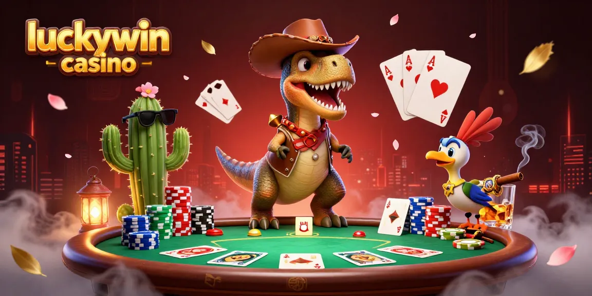 Experience the thrill of luckywin casino with a vibrant 3D illustration of poker characters and game elements.
