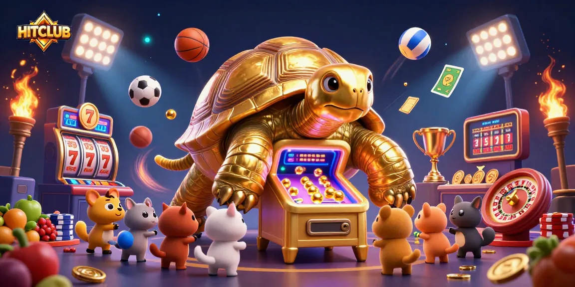 Experience HITCLUB's thrilling gambling adventure with a golden tortoise pinball machine and dynamic gaming elements.
