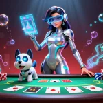 Join the excitement at Go88 casino gaming with vibrant illustrations of a futuristic woman, her robot companion, and poker elements.