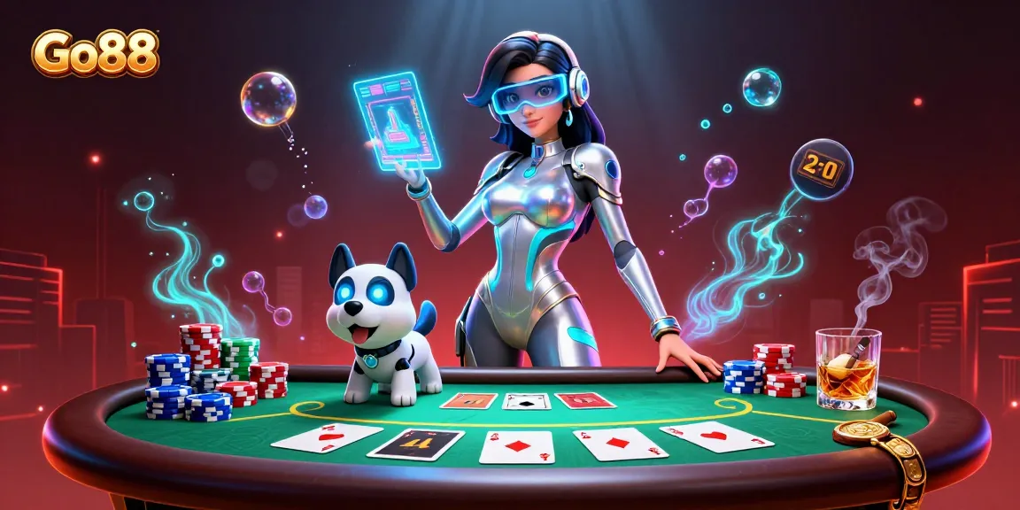 Join the excitement at Go88 casino gaming with vibrant illustrations of a futuristic woman, her robot companion, and poker elements.