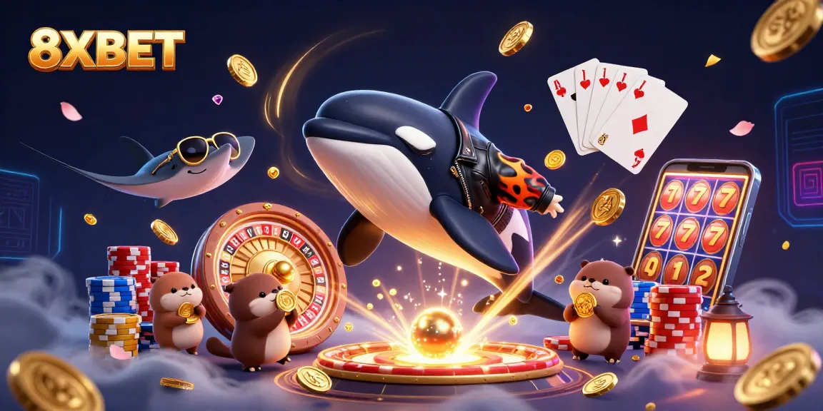 Play exciting games with 8XBET as the orca jumps alongside otters showering golden coins, creating a vibrant casino scene.