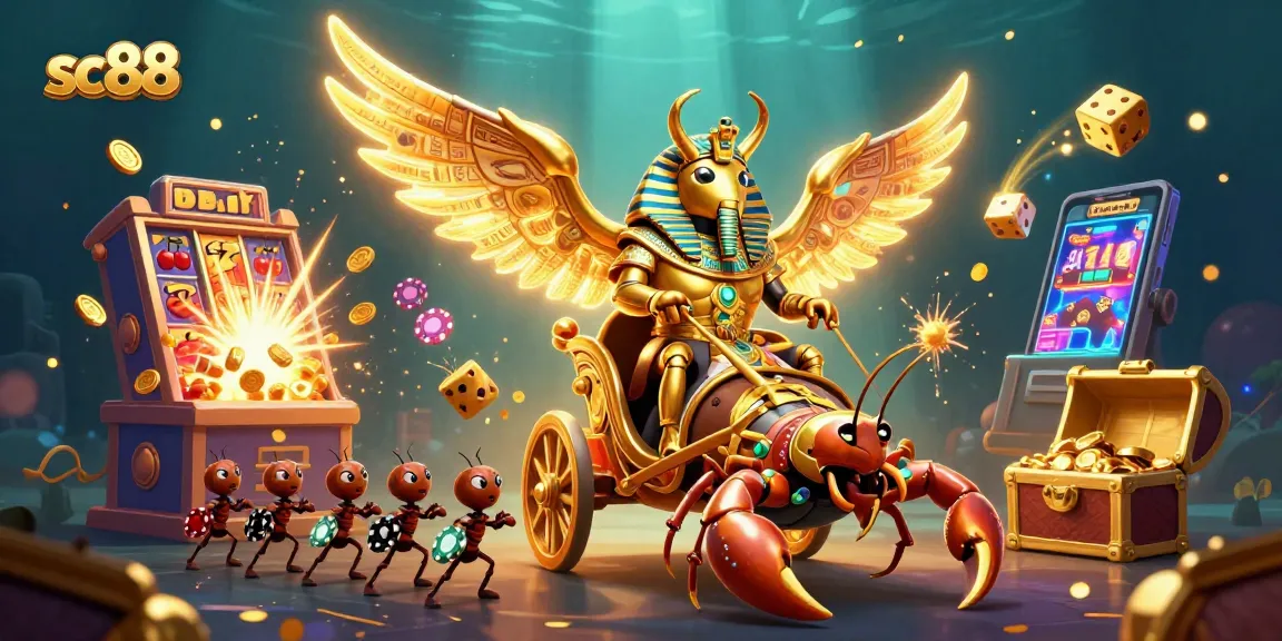 Experience the excitement of sc88 with a dynamic scene featuring a colossal beetle and rich casino elements.