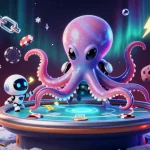 Experience the excitement of VIPWIN with a 3D alien octopus and robot at a holographic poker table.