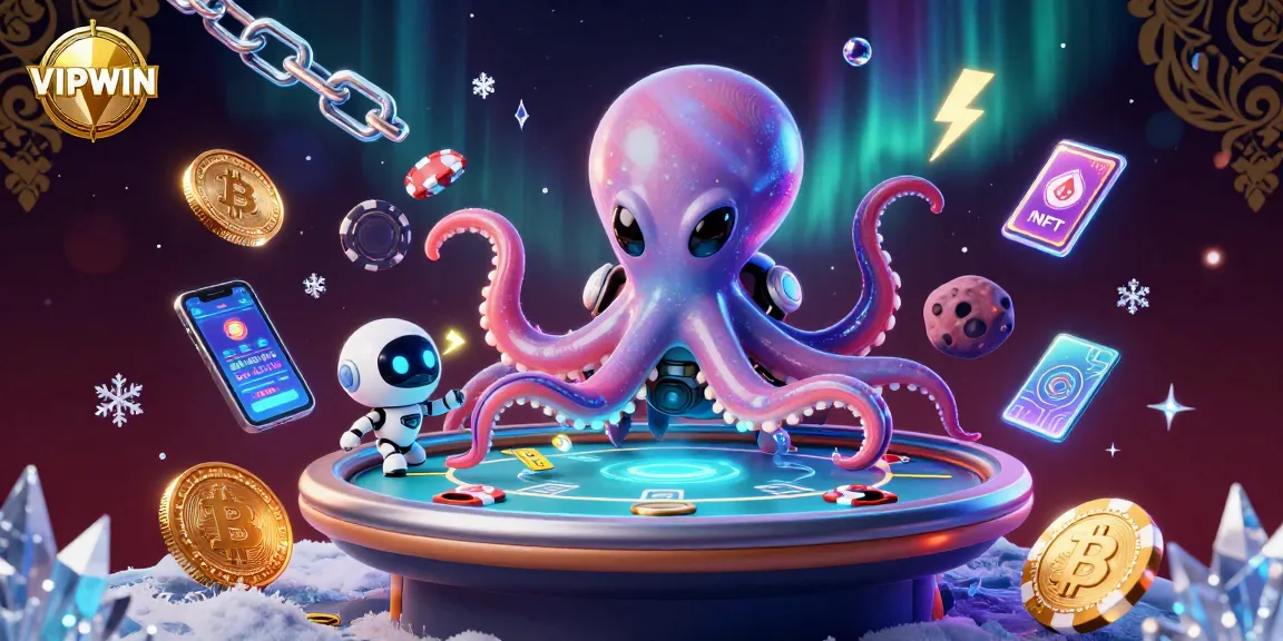 Experience the excitement of VIPWIN with a 3D alien octopus and robot at a holographic poker table.