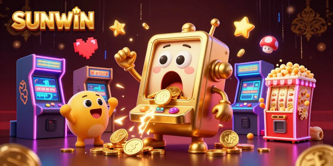 SUNWIN slot machine winning jackpot with cheerful baby machines in vibrant online casino scene.