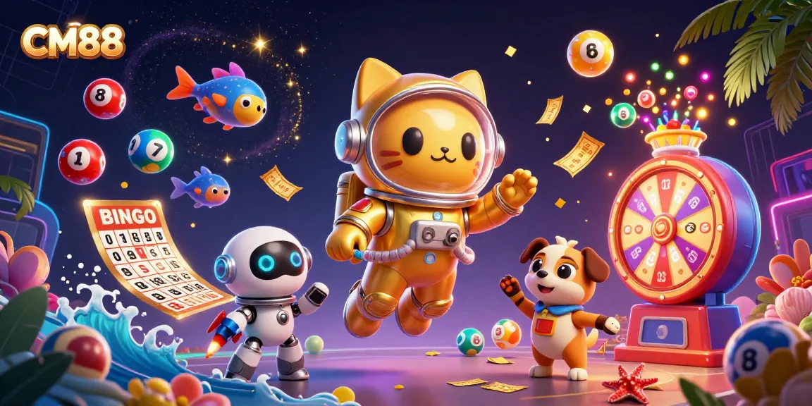Engaging scene of CM88 featuring a golden space cat and robot dog among colorful lottery elements.