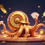 Engage with F8BET’s thrilling gambling scene featuring a giant nautilus as a roulette wheel, surrounded by rich casino elements.