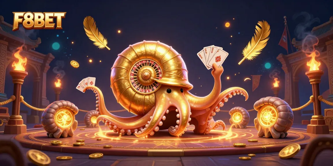 Engage with F8BET’s thrilling gambling scene featuring a giant nautilus as a roulette wheel, surrounded by rich casino elements.