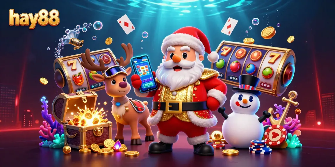 Spin the reels at hay88 with Santa and his festive companions in a vibrant casino scene.