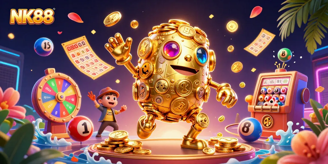 Experience NK88's exciting world with a golden golem and vibrant casino elements