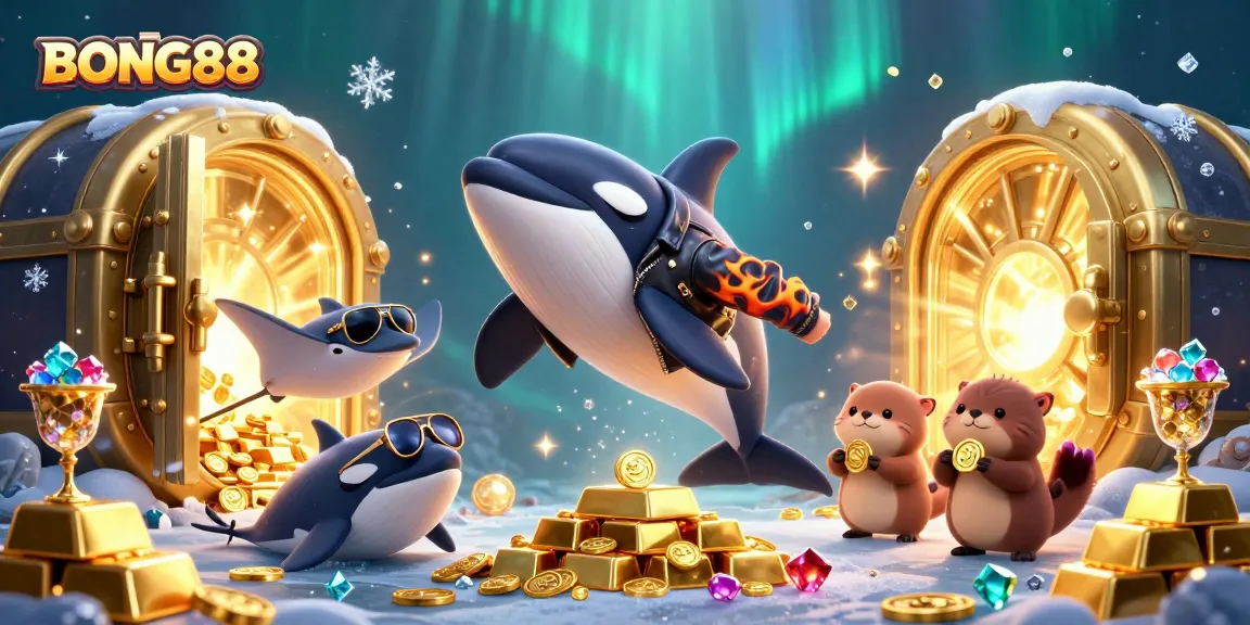BONG88 brings thrilling adventures with an orca and otters amidst treasures in underwater casino scenes.