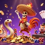 Experience thrilling wins with 57E brazil as the skeleton mariachi rooster dances on golden coins, surrounded by casino elements.