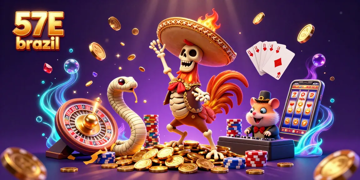 Experience thrilling wins with 57E brazil as the skeleton mariachi rooster dances on golden coins, surrounded by casino elements.