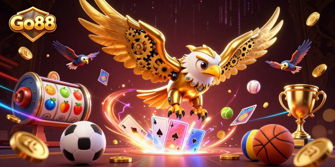 Engage with Go88's exciting 3D action featuring a cybernetic golden eagle amidst dynamic gaming elements.