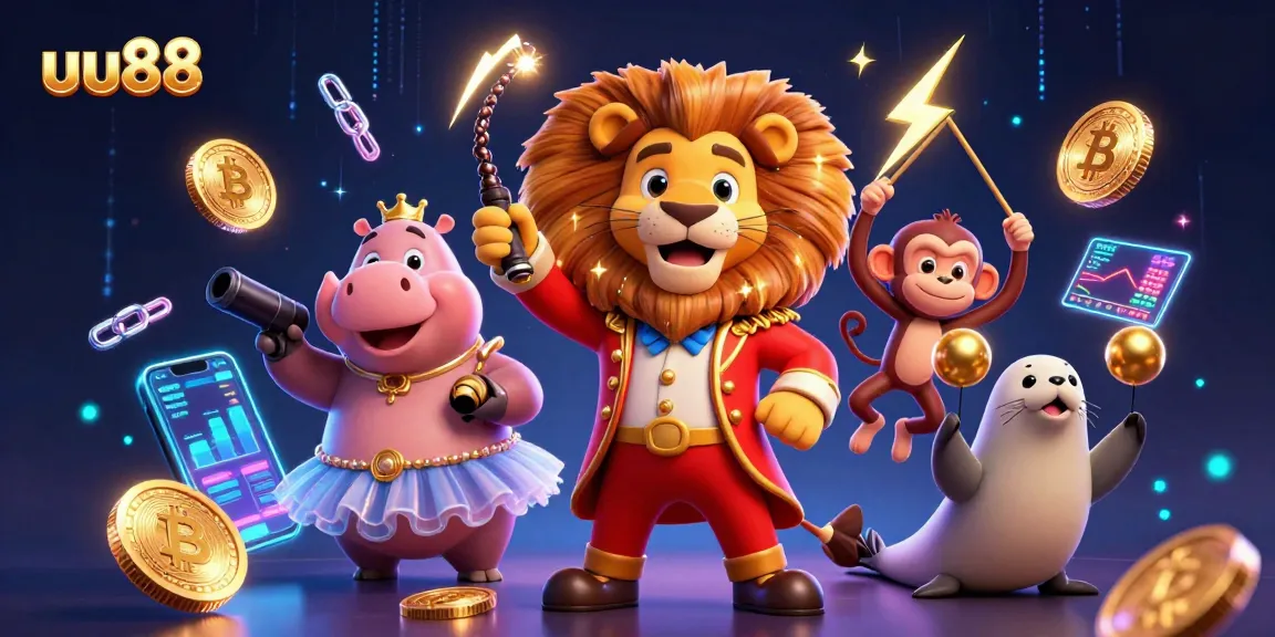 Experience thrilling gameplay at uu88, featuring a vibrant circus scene with crypto coins and casino elements.