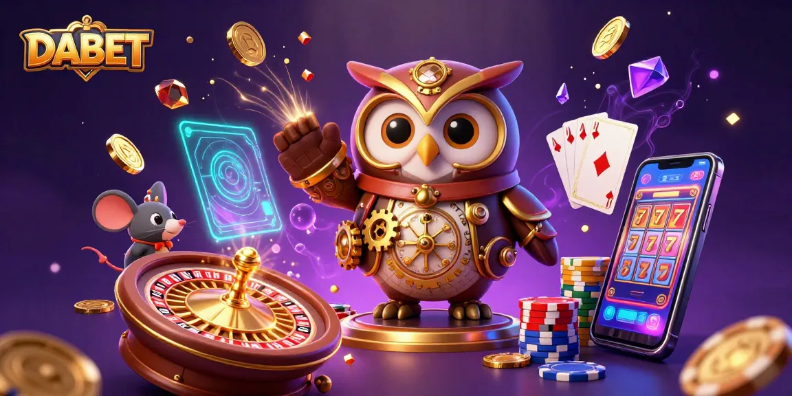 DABET offers an exciting 3D casino experience with a steampunk owl and vibrant gambling elements.