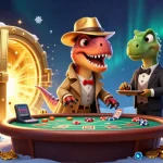 Engage with lc88 com's colorful blackjack scene featuring a velociraptor and vibrant casino elements.